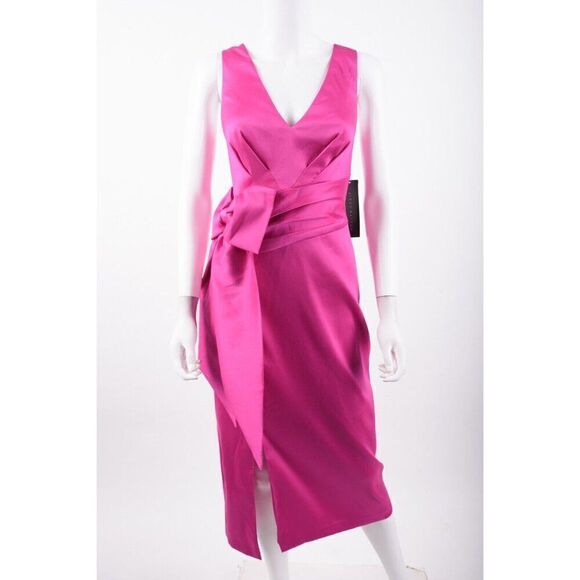 Aidan Mattox Womens Midi Dress Shutter Pleat Satin Bow Party Sz 8 Pink Flame NWT - Picture 1 of 6